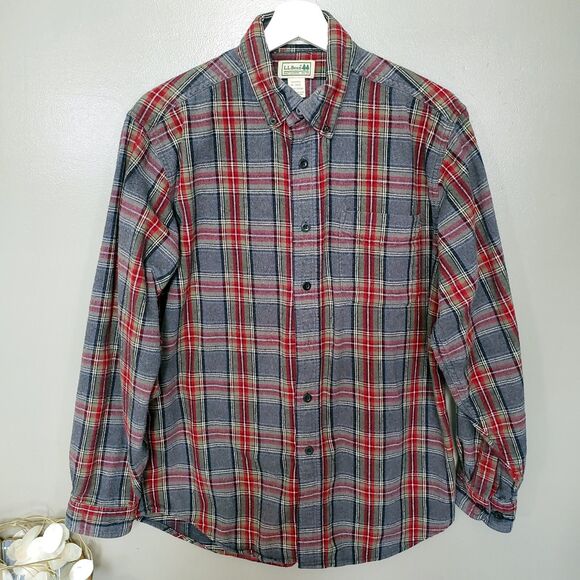 L.L. Bean Scotch Plaid Flannel Shirt Size Medium Traditional Fit Grey Stewart - Picture 1 of 10